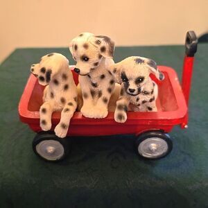 Vintage Young 3 playful Dalmatians in a red‎ wagon 4 in wide 3 in tall